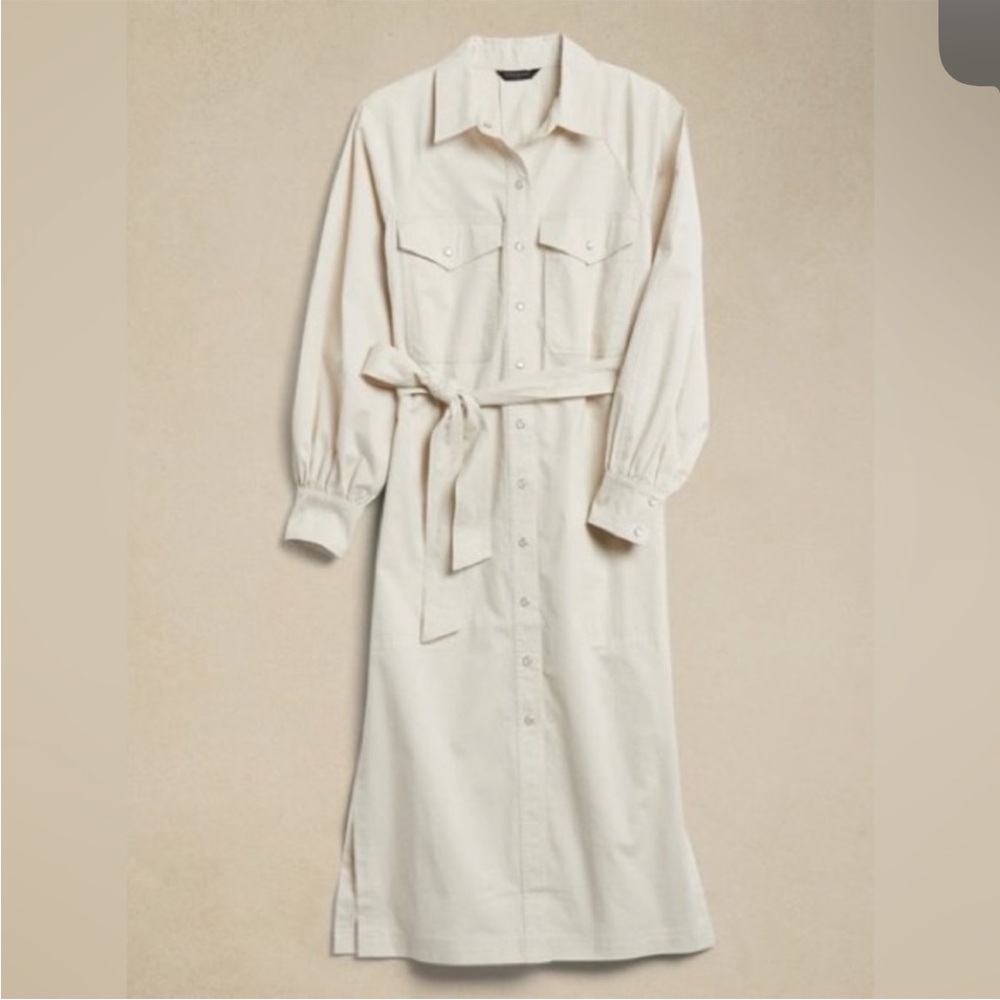NWT Twill Utility dress midi Cream Button-Up Belted Dress S Tall